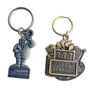 Vintage Set 2 Metal Keychains Fitzgeralds Mr. O'Lucky  Bally's Dice